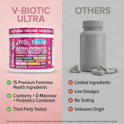 Clean Nutra Vaginal Probiotics for Women with Prebiotics, Digestive Enzymes and Cranberry - 90 Vegan Capsules
