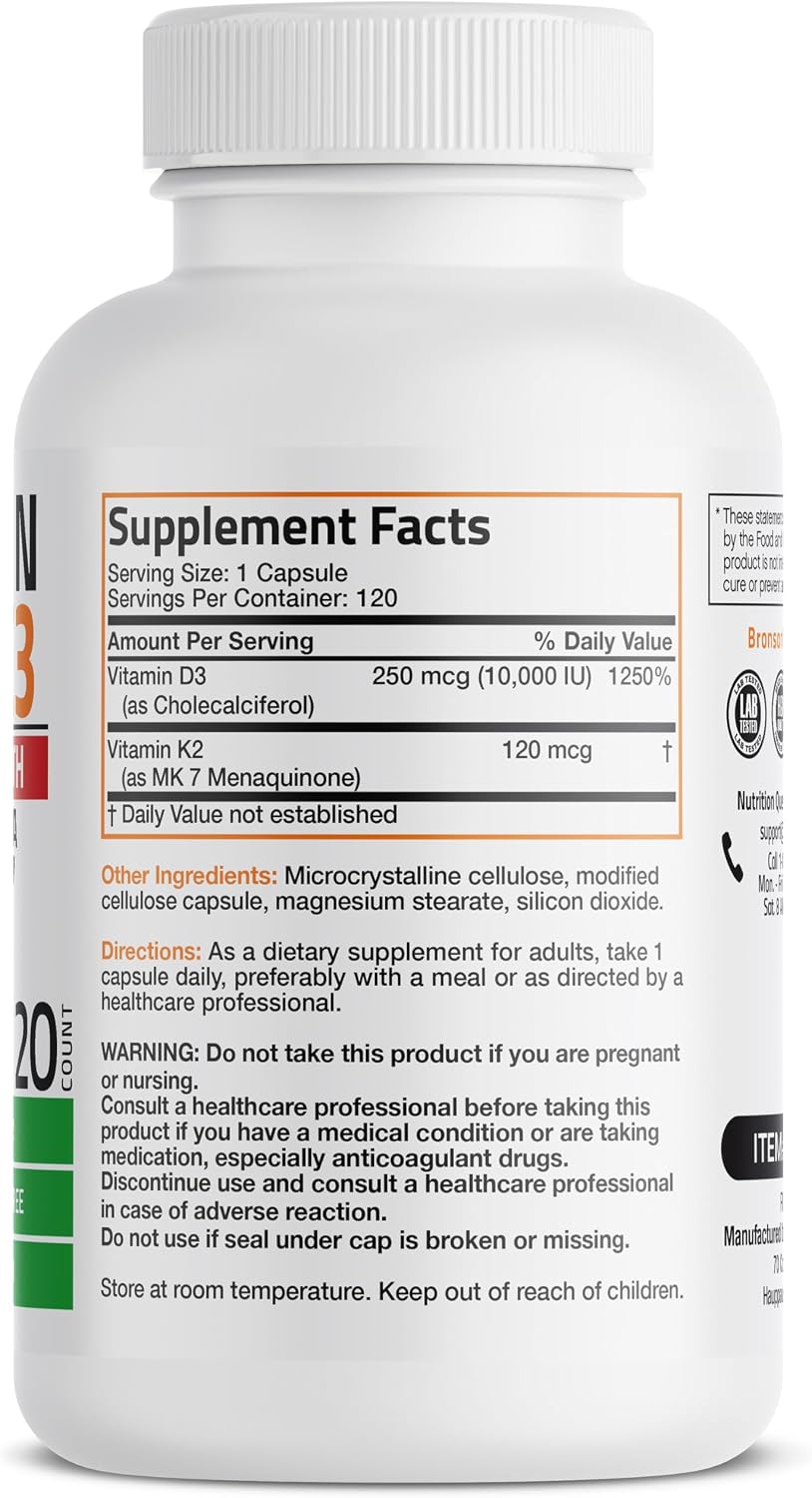 Bronson Vitamin K2 (MK-7) with D3 Extra Strength – 10,000 IU D3 & 120 mcg K2, 120 Capsules - görsel 2