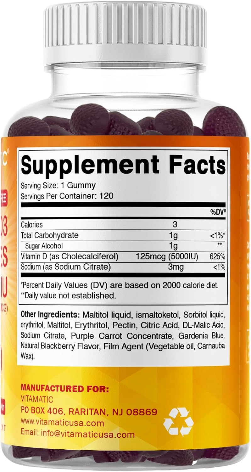 Vitamatic Sugar Free Vitamin D3 5000 IU Gummies – Natural Blackberry Flavour (120 Count) - görsel 8