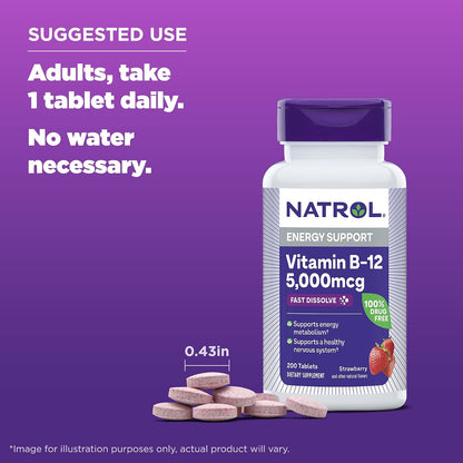 Natrol B12 5000 µg Fast Dissolve Tablets, Energy Metabolism Support, 200 Count