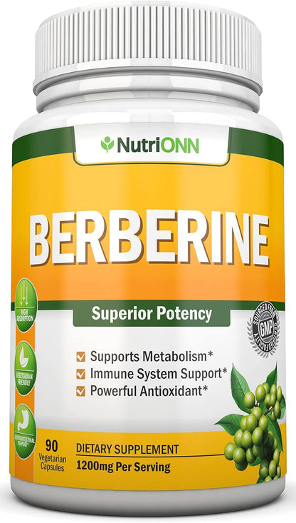 NutriONN Berberine 1200mg – 90 Vegetarian Capsules – Pure Berberine HCl Extract Supplement
