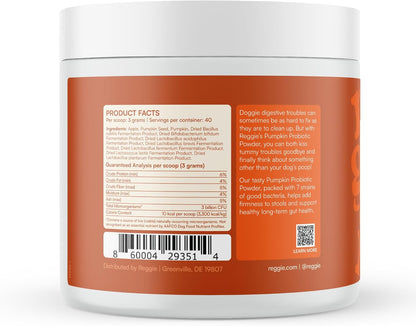 Reggie Pumpkin Probiotic Powder for Dogs - 7-Strain Probiotics + Pumpkin for Gut Health, Digestion & Stool Consistency | Natural Dog Digestive Supplement | Vet-Approved & Made in USA | 40 Scoops