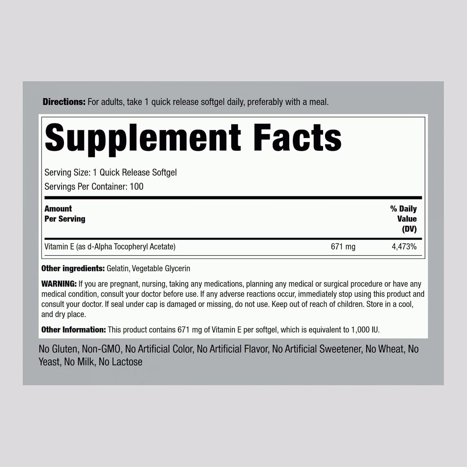 Piping Rock Vitamin E 1000 IU Soft gel capsule Capsules | 671mg | 100 Pills | D-Alpha Tocopheryl Supplement | Non-GMO, Gluten-free - görsel 2