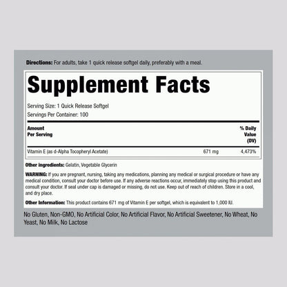 Piping Rock Vitamin E 1000 IU Soft gel capsule Capsules | 671mg | 100 Pills | D-Alpha Tocopheryl Supplement | Non-GMO, Gluten-free