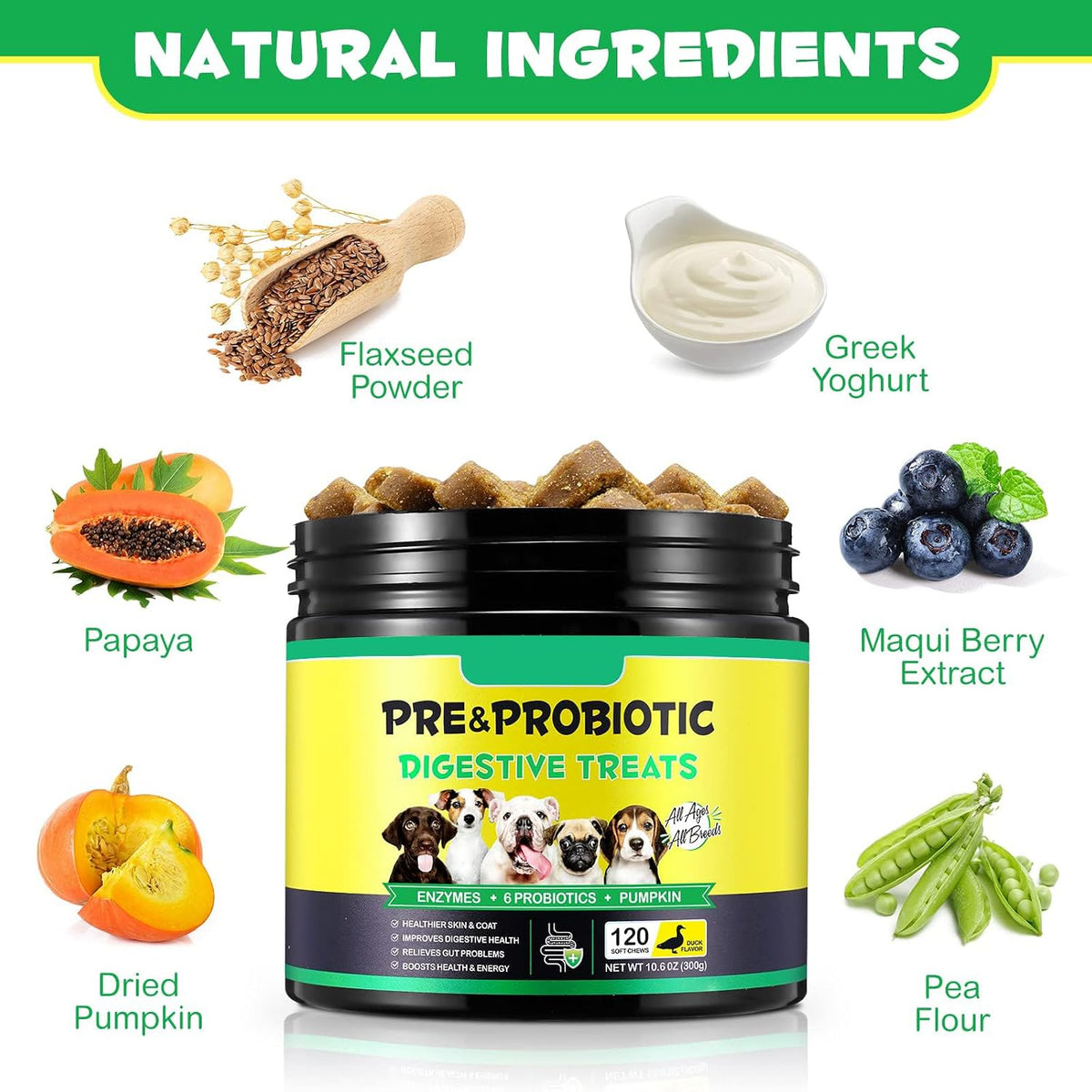 Probiotics for Dogs - 120 Soft Chews - Digestive & Immune Support with Prebiotics & Enzymes - Duck Flavour - görsel 3