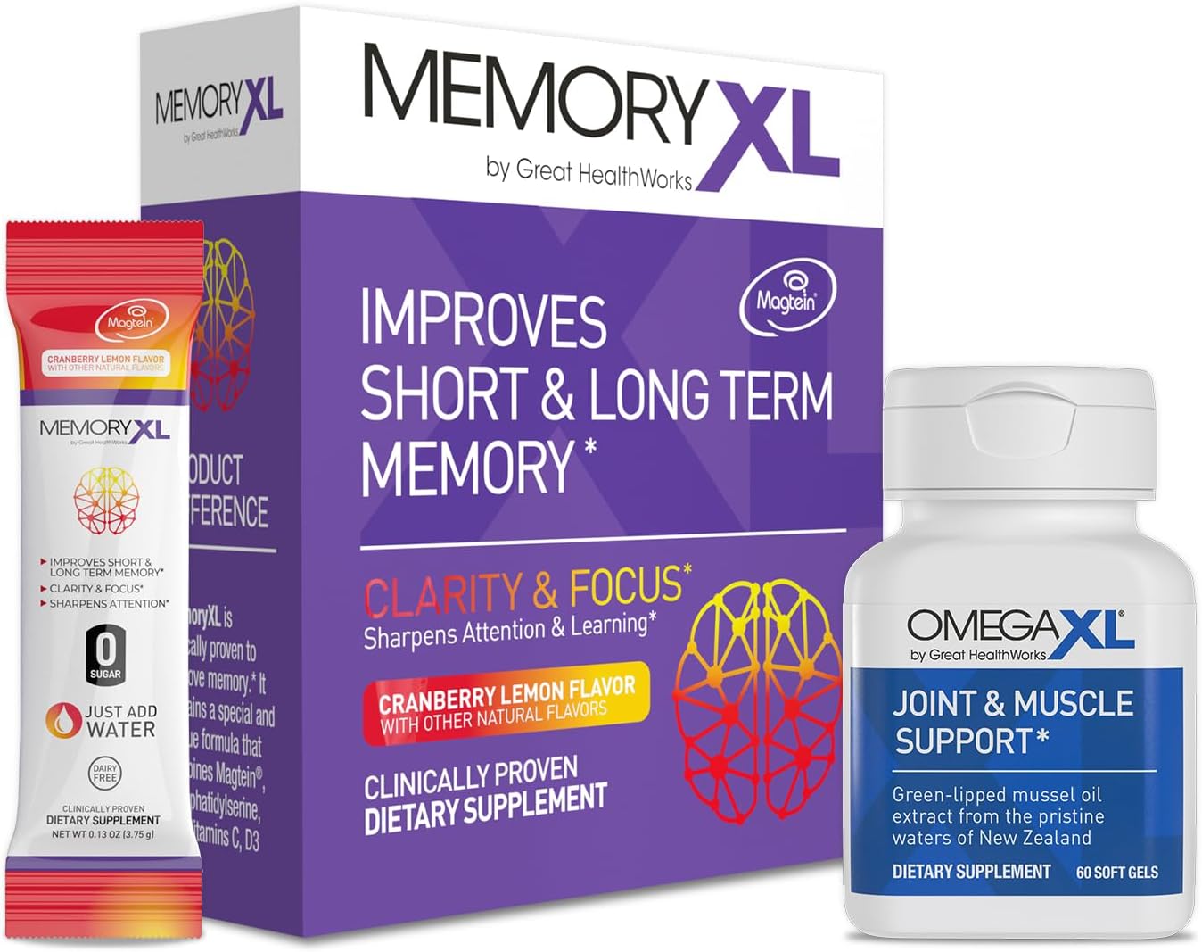 OmegaXL Joint Support & MemoryXL Brain Bundle – Green Lipped Mussel Oil & Magnesium L-Threonate (60 Soft gel capsules + 30 Stick Packs) - görsel 1