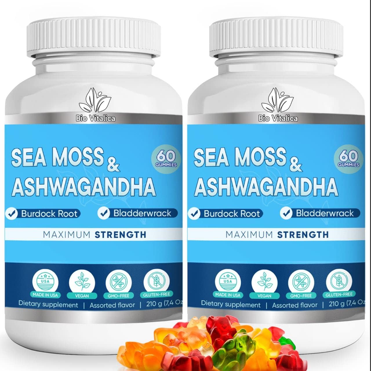 BIO VITALICA Sea Moss Ashwagandha Gummies - Organic Irish Sea Moss Blended with Burdock Root & Bladderwrack - Natural Energy & Calm Support for Adults - 2 Packs - görsel 1