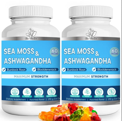 BIO VITALICA Sea Moss Ashwagandha Gummies - Organic Irish Sea Moss Blended with Burdock Root & Bladderwrack - Natural Energy & Calm Support for Adults - 60 Vegan Count