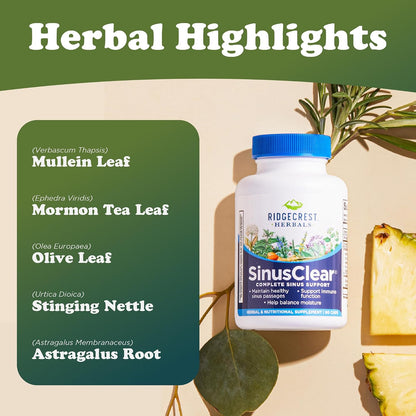 RidgeCrest Herbals SinusClear – Natural Sinus & Respiratory Support with Mullein, Bromelain, Vitamin C, and Zinc (60 Veg Caps)