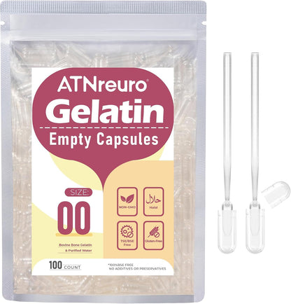 Size 00 Empty Gelatin Capsules with 2 Micro Spoons - 100 Clear Capsules for Powder Supplements
