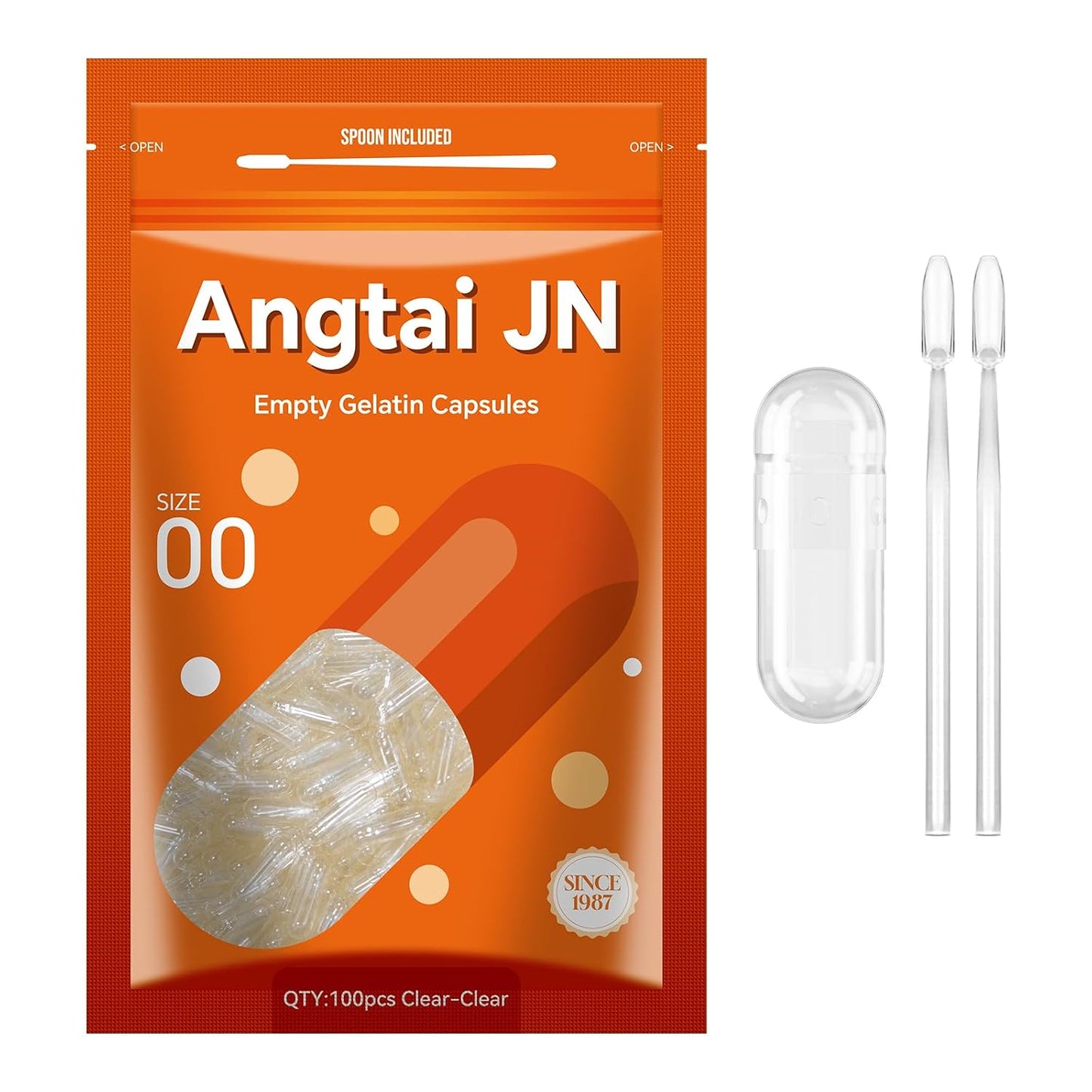 Angtai JN Gelatine Capsules Size 00 Empty Pill Capsules - 100 Count - Clear Bovine, Gluten-free, Non-GMO, Halal Certified - with 2 Filling Spoons - görsel 1