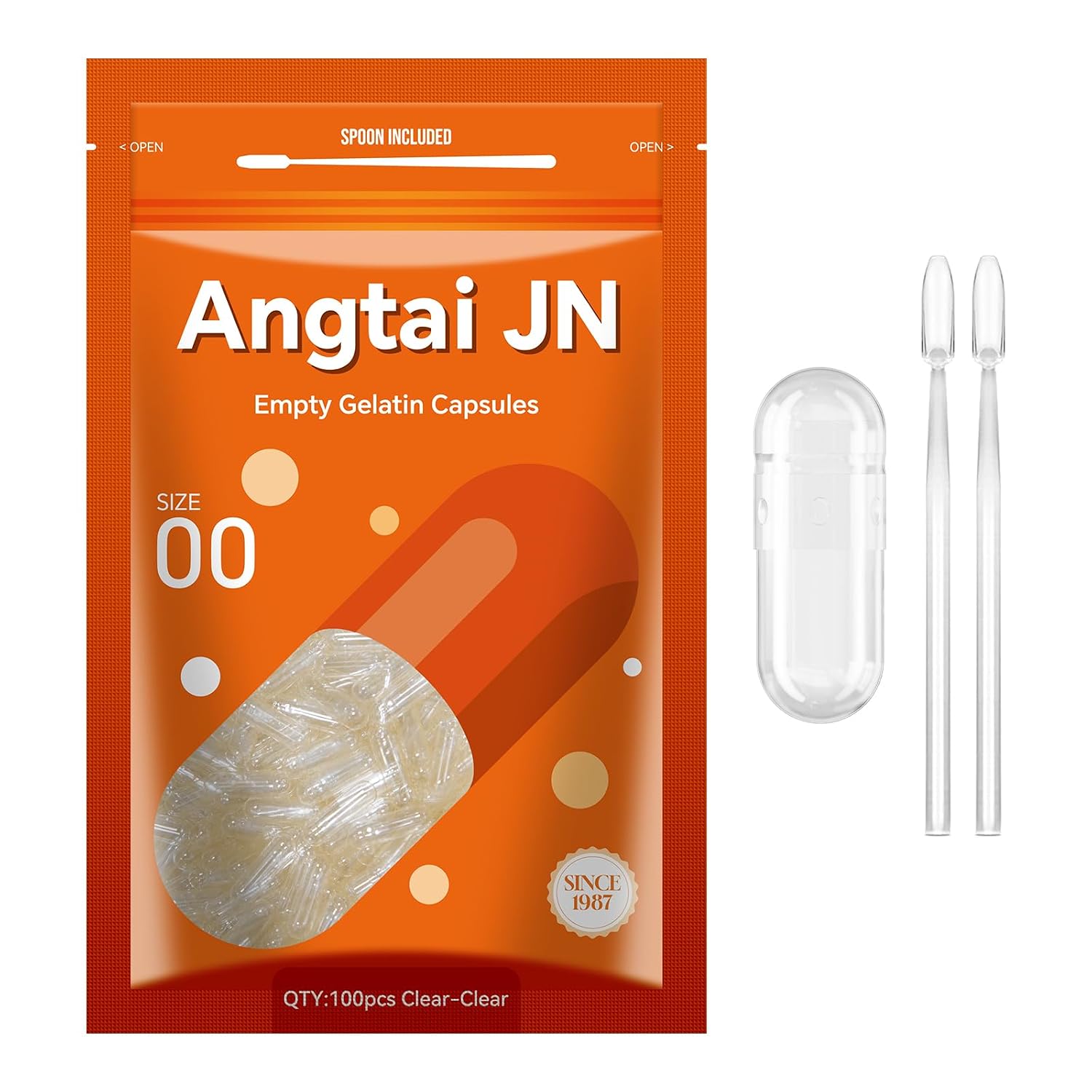 Angtai JN Gelatine Capsules Size 00 Empty Pill Capsules - 100 Count - Clear Bovine, Gluten-free, Non-GMO, Halal Certified - with 2 Filling Spoons - görsel 1