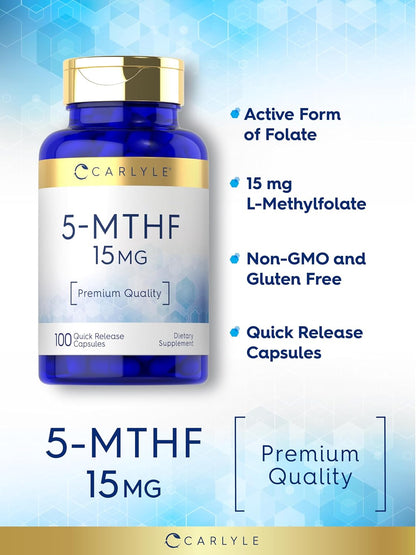 Carlyle 5-MTHF Supplement 15mg | 100 Capsules | L-Methylfolate | Non-GMO, Gluten-free | Premium Quality