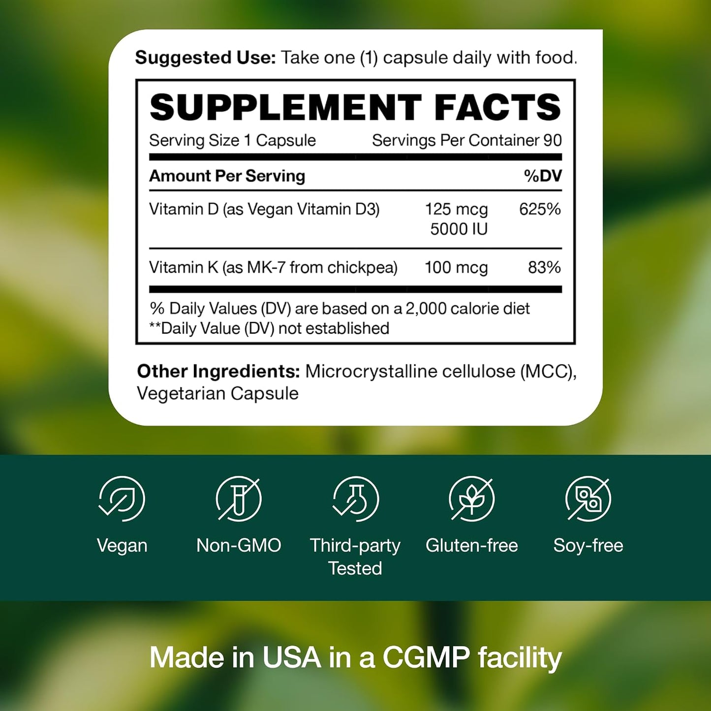 Fresh Nutrition Vegan Vitamin D3 + K2 Capsules - 5000 IU D3 + 100mcg K2 as MK-7 for Optimal Absorption - Immune Health, Bone Health - Non GMO - 90 Capsules, 3 Month Supply - görsel 8