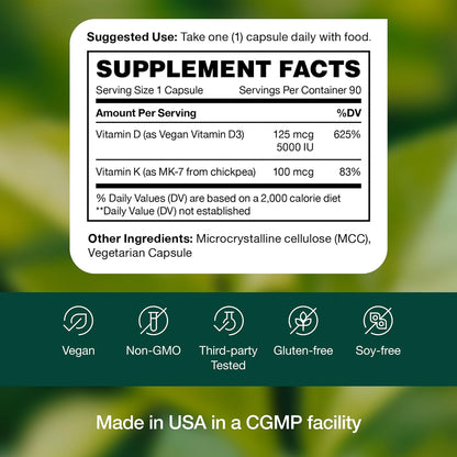 Fresh Nutrition Vegan Vitamin D3 + K2 Capsules - 5000 IU D3 + 100mcg K2 as MK-7 for Optimal Absorption - Immune Health, Bone Health - Non GMO - 90 Capsules, 3 Month Supply