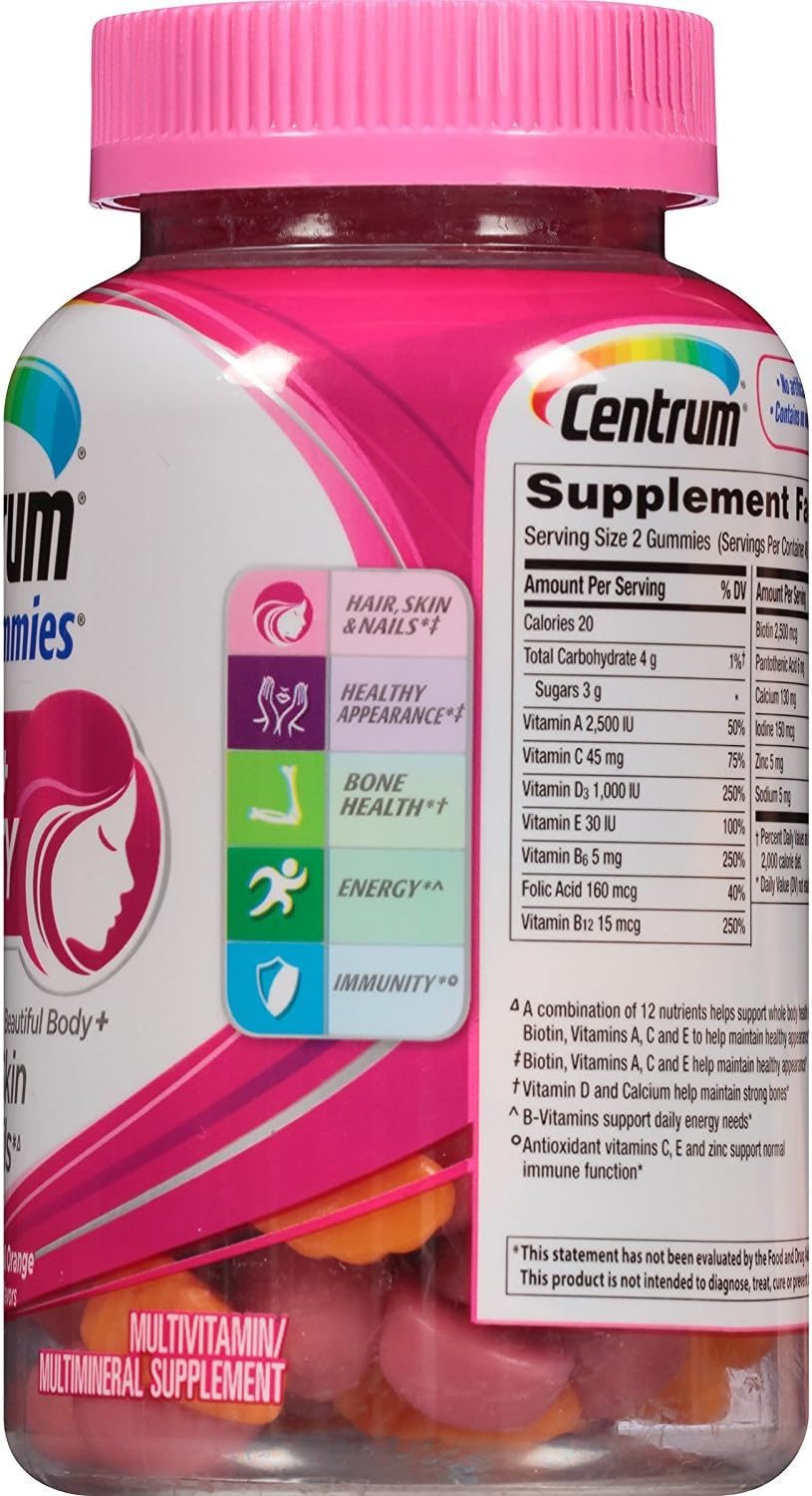 Centrum MultiGummies + Beauty Gummy Multivitamin for Women, Hair Skin and Nails, Cherry/Berry/Orange Flavours, 90 Count - görsel 2
