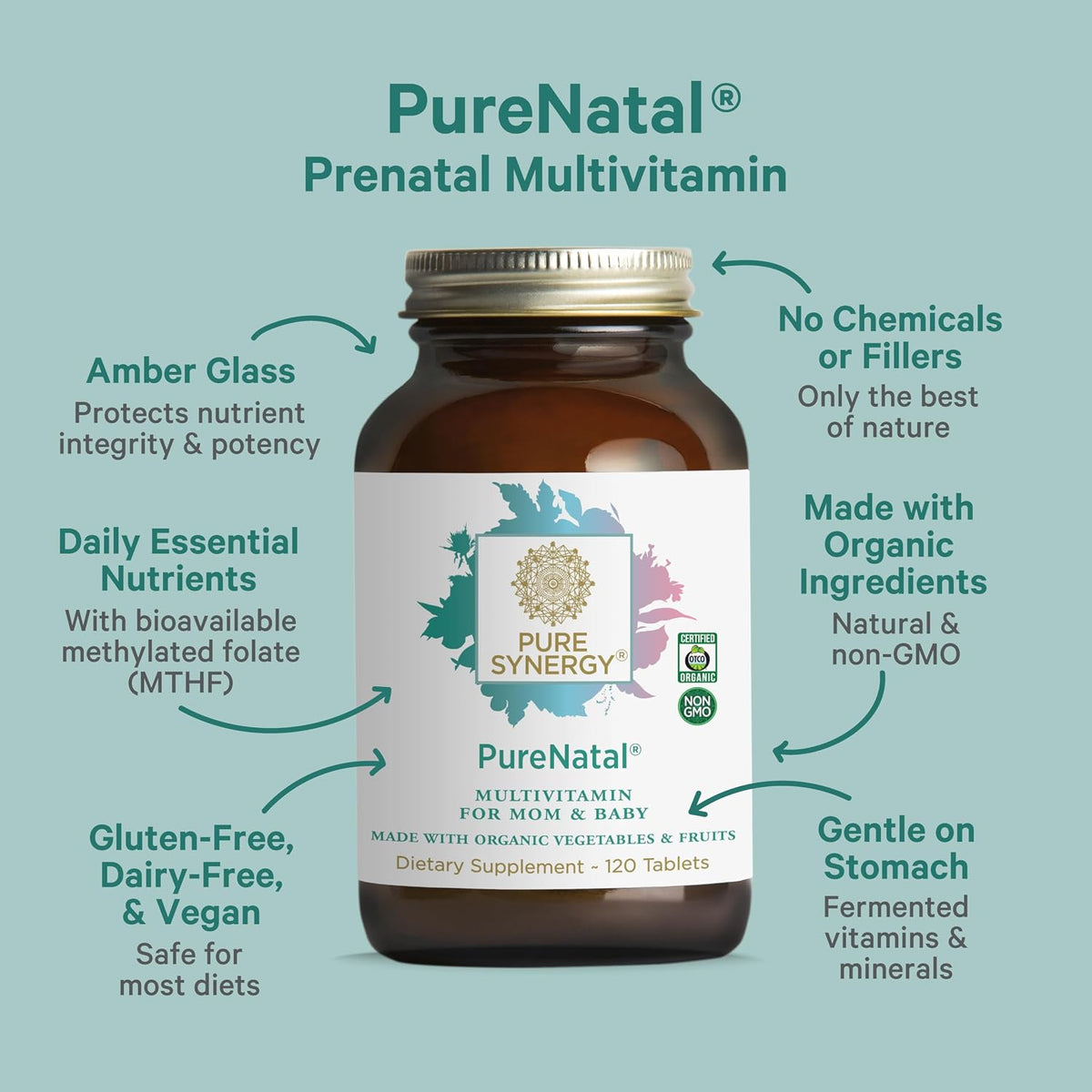 PureNatal Prenatal Vitamins – Organic Whole Food Supplement with Methylated Folate, Natural Iron, and Choline (120 Tablets) - görsel 3