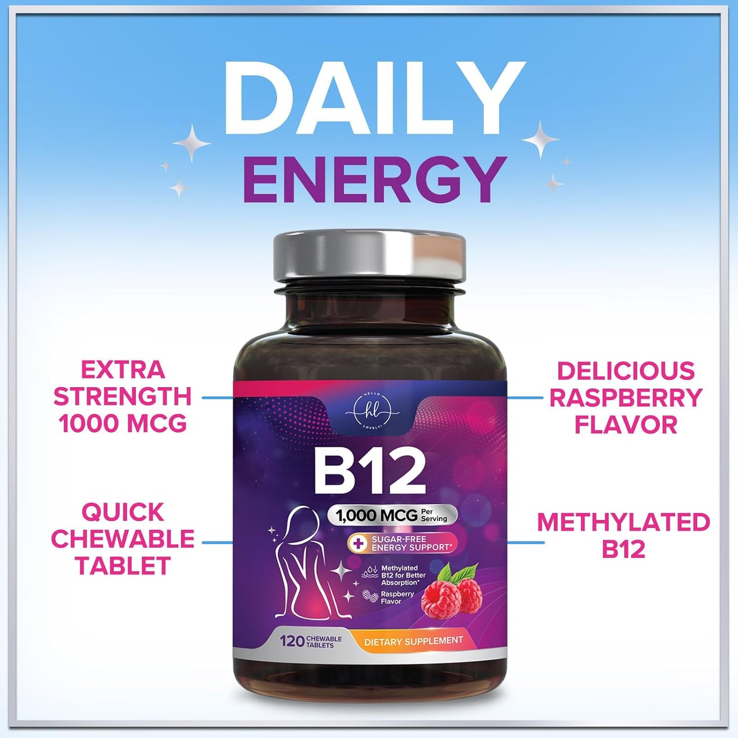 Vitamin B12 1000 mcg Chewable Tablets - Methylcobalamin B12 Complex for Energy, Heart & Nerve Support - Fast Dissolve, 120 Tablets - görsel 6
