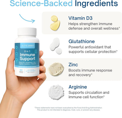 8 in 1 Immune Support Supplement – Daily Immunity Capsules for Adults – Immune System Support with L-Lysine, Vitamin D and Zinc for Men & Women, 60 Capsules