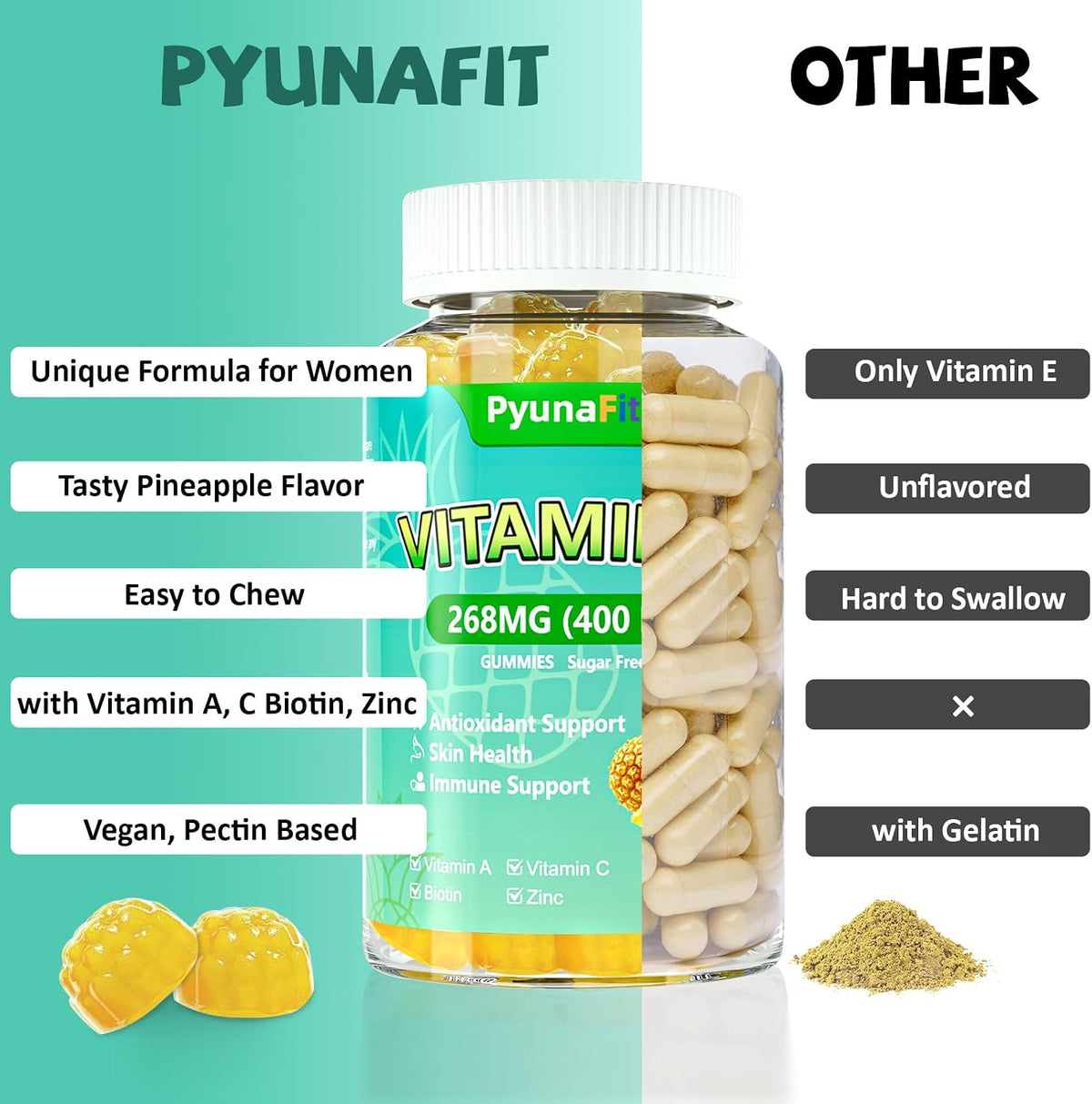 PYUNAFIT Vitamin E 400 IU Gummies for Women - Chewable Supplement with Vitamins A, C, Biotin, Zinc - 60 Gummies - görsel 6