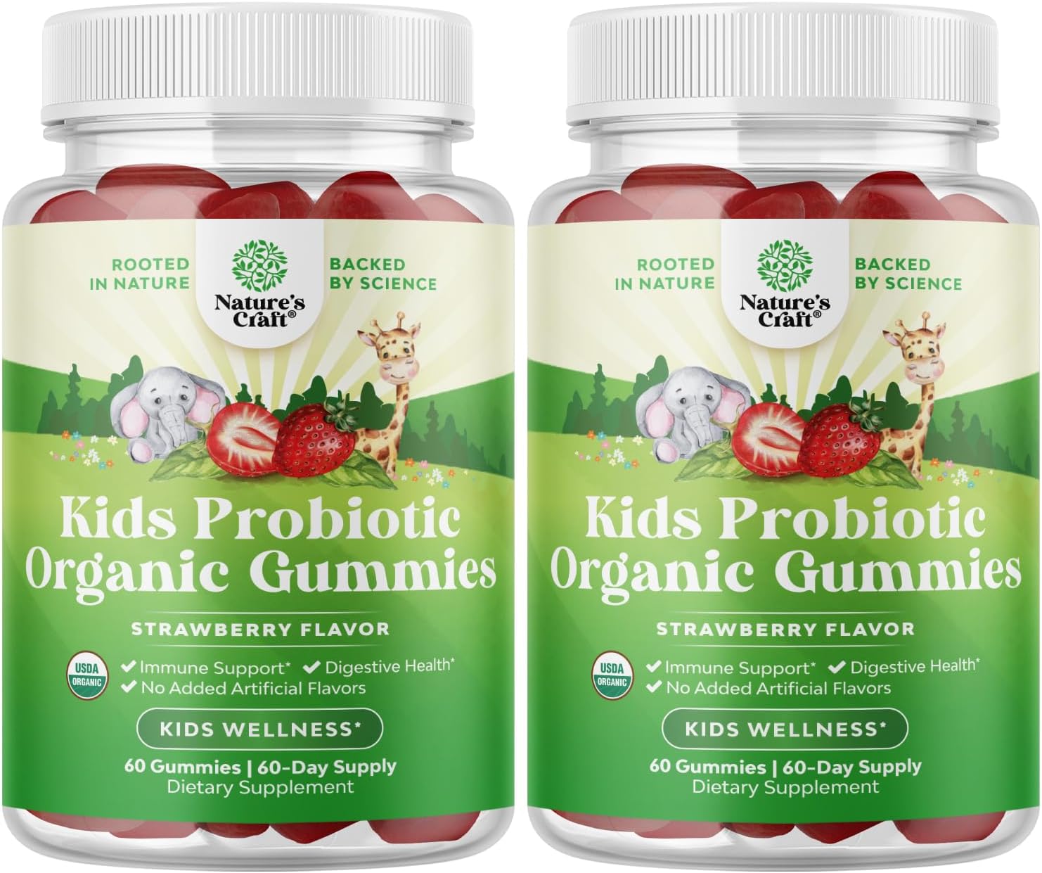 USDA Organic Probiotic Gummies for Children - Vegan Non-GMO Probiotic Gummy for Immunity and Digestive Health - Gentle 2.5B CFU Organic Probiotics - Strawberry Flavour, 60 Gummies (Pack of Two) - görsel 1
