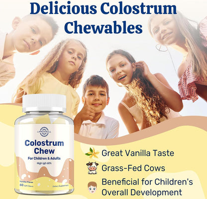 Bovine Colostrum Chews Supplement with 60% IgG - Immune & Gut Support, Grass-Fed, Vanilla Flavour, 60 Soft Chews