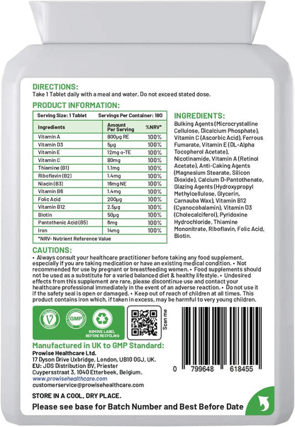 Multivitamin & Iron 180 Tablets (6 Month Supply) – Immune Support Supplement by Prowise Health care
