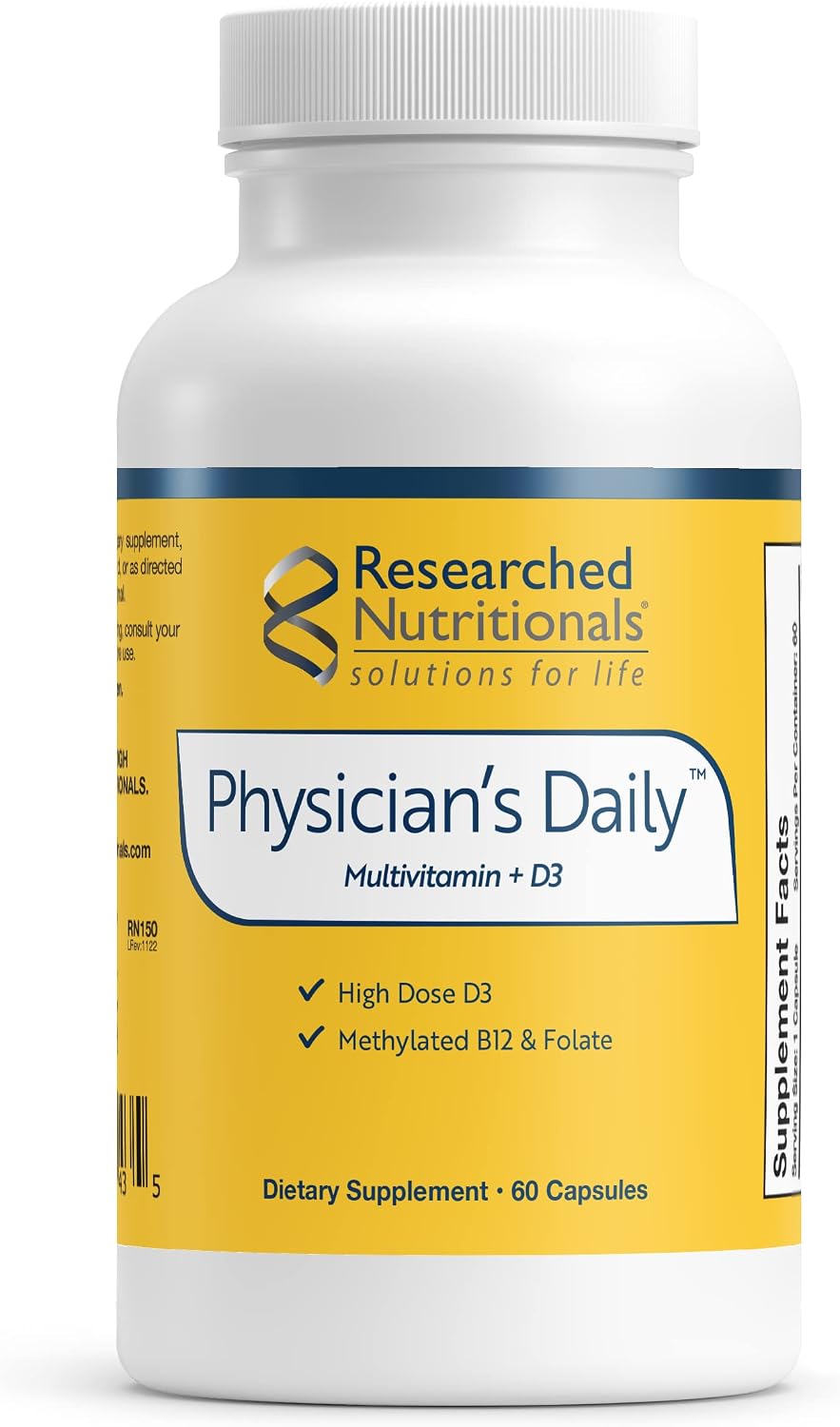 Researched Nutritionals Physician's Daily + D3 - Methylated Multivitamin for Men and Women with Methylated B12, B6, Methylfolate & Vitamin D3 2000 IU (50 µg) - Daily Heart & Cognitive Support (60 Capsules) - görsel 1