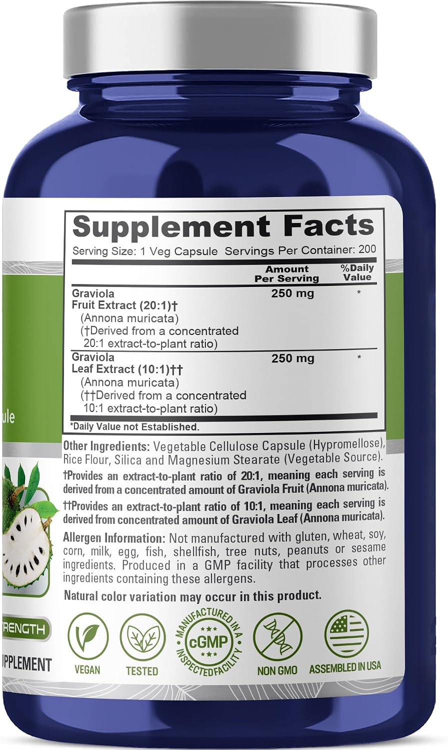 NusaPure Graviola Capsules, 500 mg, 200 Vegetable Capsules (Non-GMO, Vegan) - görsel 2
