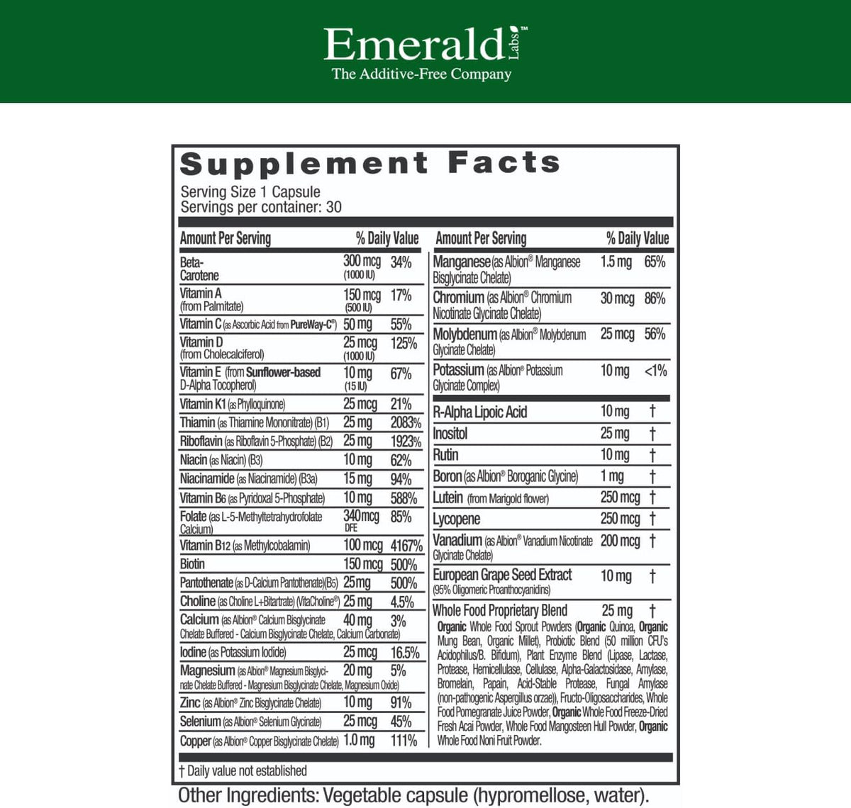 EMERALD LABS Complete 1-Daily Multi - Complete Multivitamin for Men & Women with Vitamin C, Methylated Folate, Whole-Food Blend & More - 30 Vegetable Capsules - görsel 2