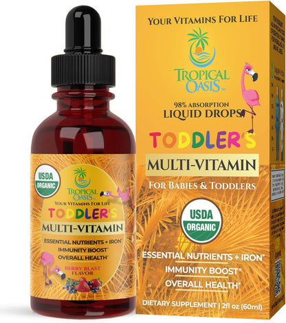 Tropical Oasis Organic Kids Multivitamin with Iron for Toddlers – Liquid Drops, 60 ml