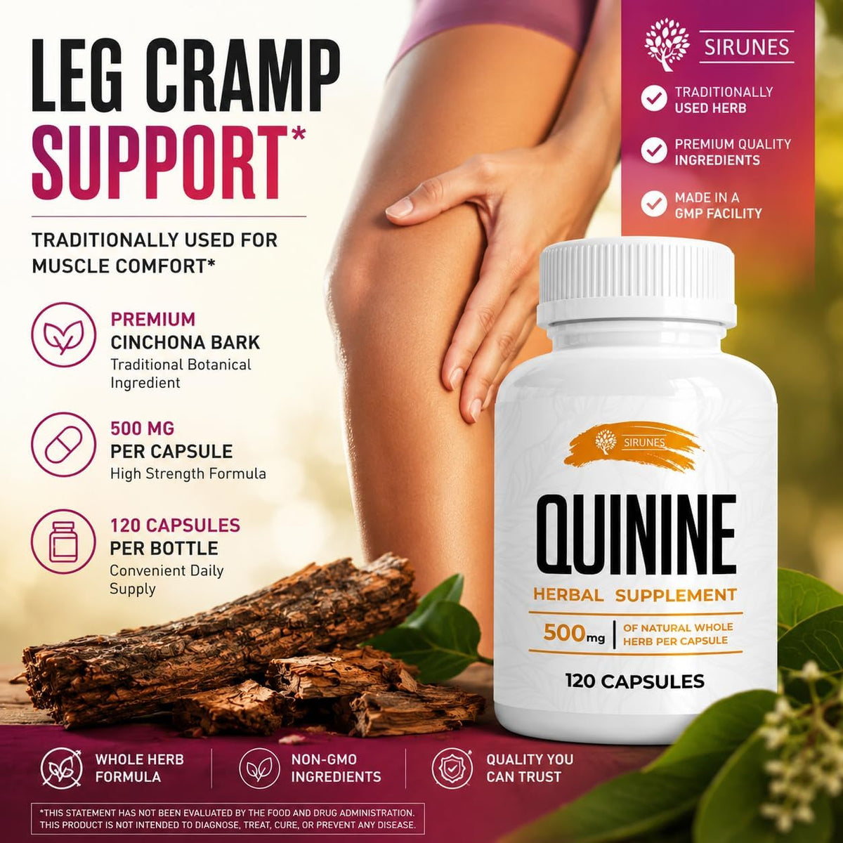 SIRUNES Cinchona Bark Quinine Capsules – Herbal Food Supplement for Muscle and Digestive Support – 500 mg, 120 Capsules - görsel 3
