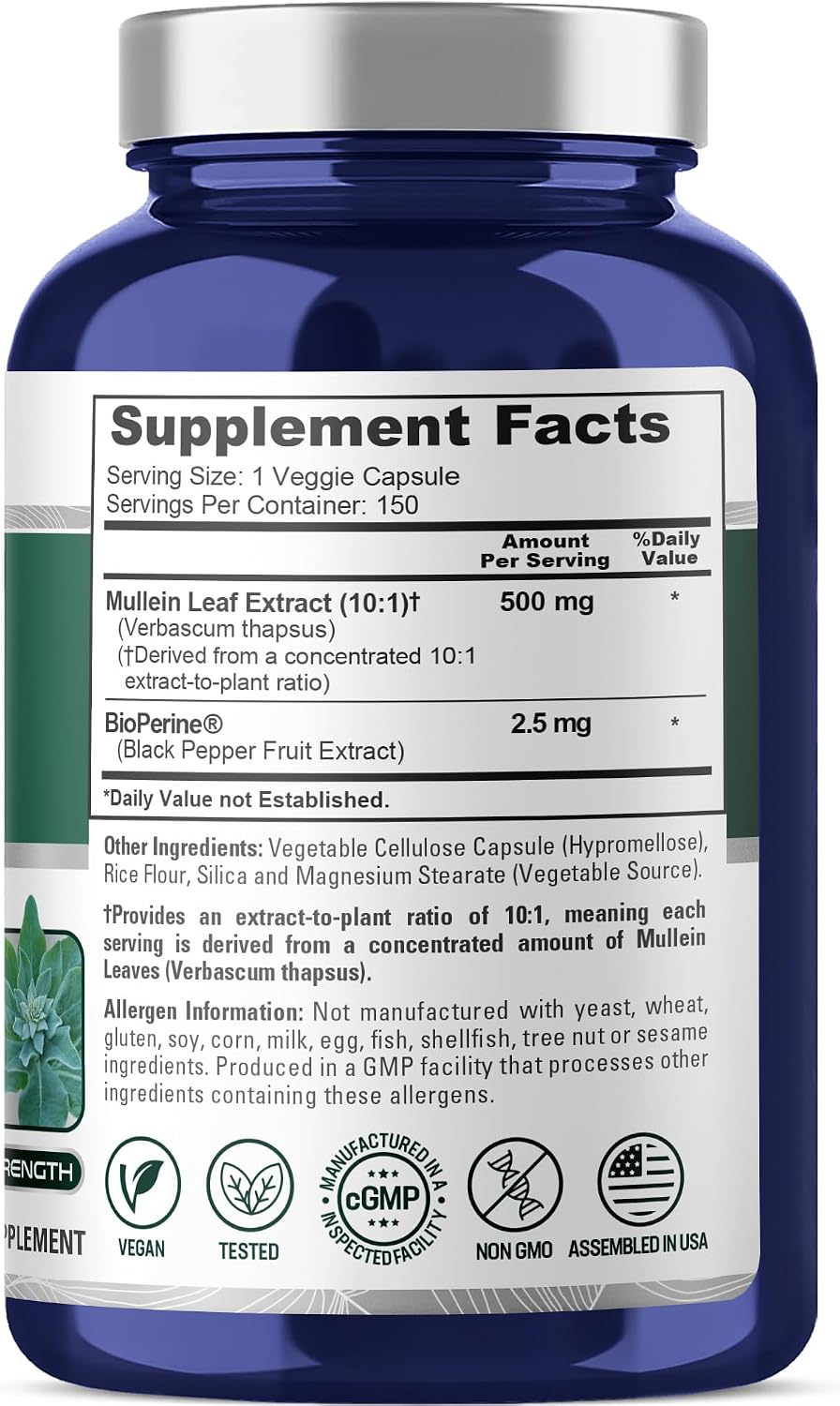 NusaPure Mullein Leaf Capsules, 500 mg, 150 Vegan Capsules (Non-GMO, Vegan) - görsel 2