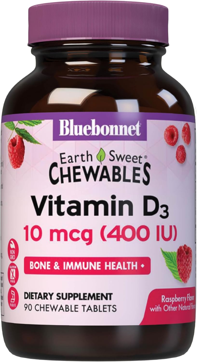 BlueBonnet Nutrition EarthSweet Vitamin D3 400IU - Raspberry Chewable Tablets - 90 Tablets - görsel 1