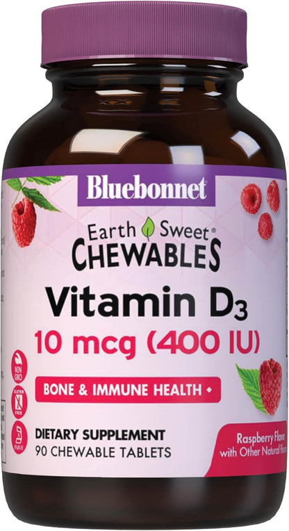 BlueBonnet Nutrition EarthSweet Vitamin D3 400IU - Raspberry Chewable Tablets - 90 Tablets