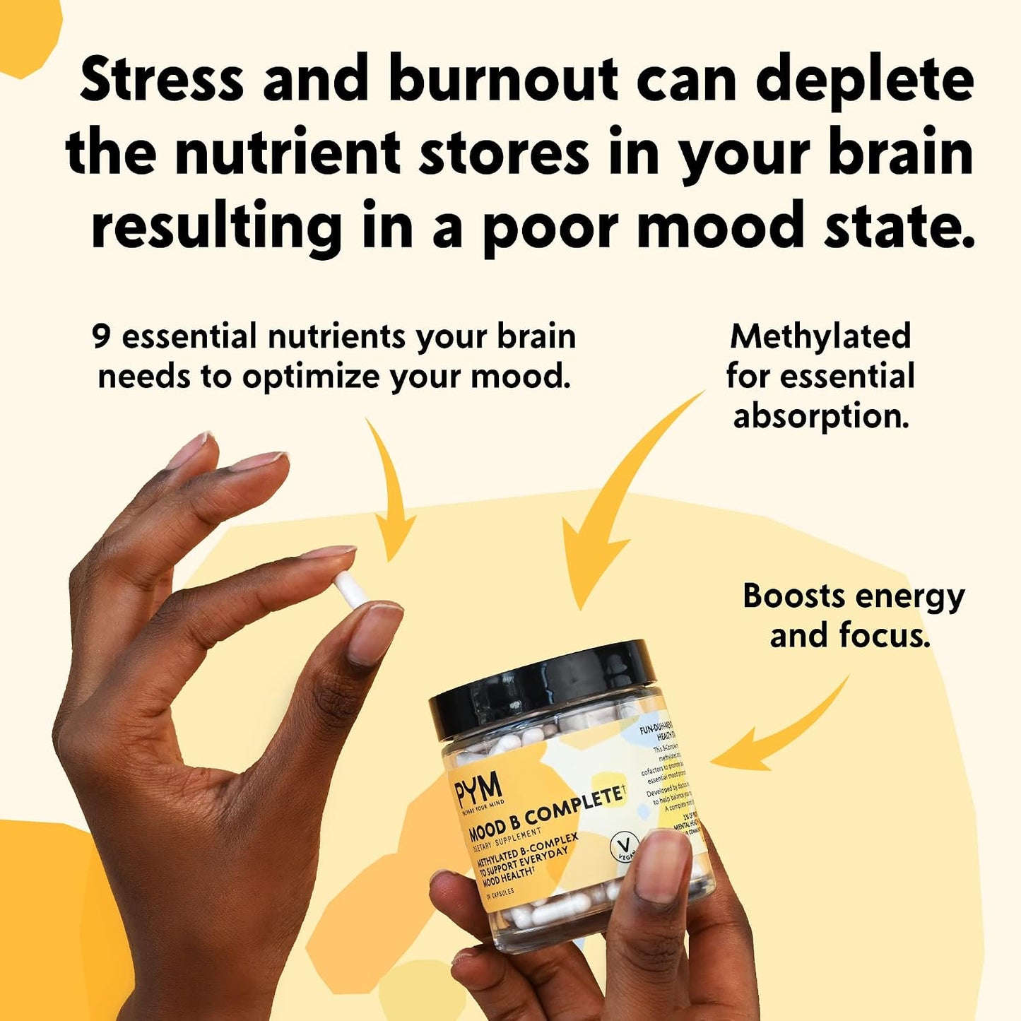 PYM Vitamin B Complex Mood Support Supplement - Methylated B Complex for Mood and Energy, 30 Capsules - görsel 5