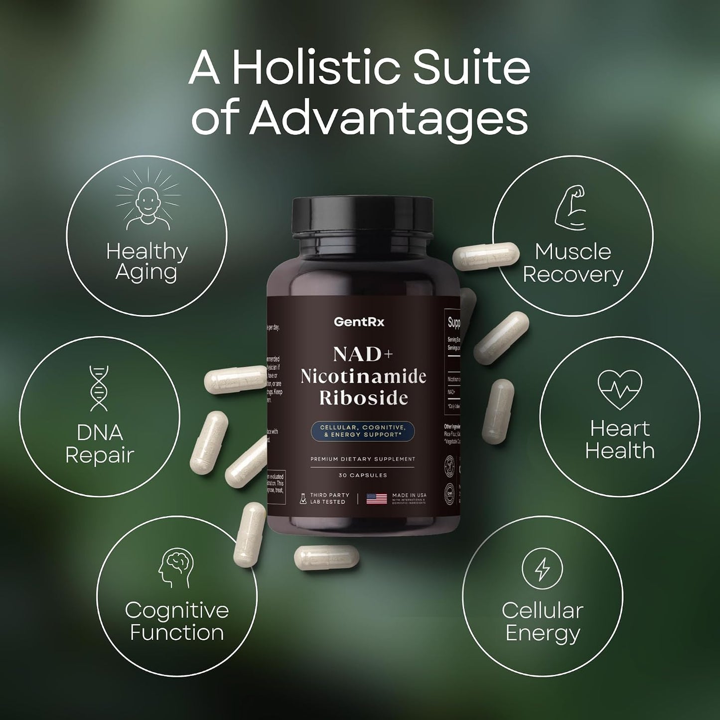 GentRx Third-Party Tested NAD+ & NR Supplement – Nicotinamide Riboside for Cellular Energy and Healthy Ageing, 30-Day Supply - görsel 5