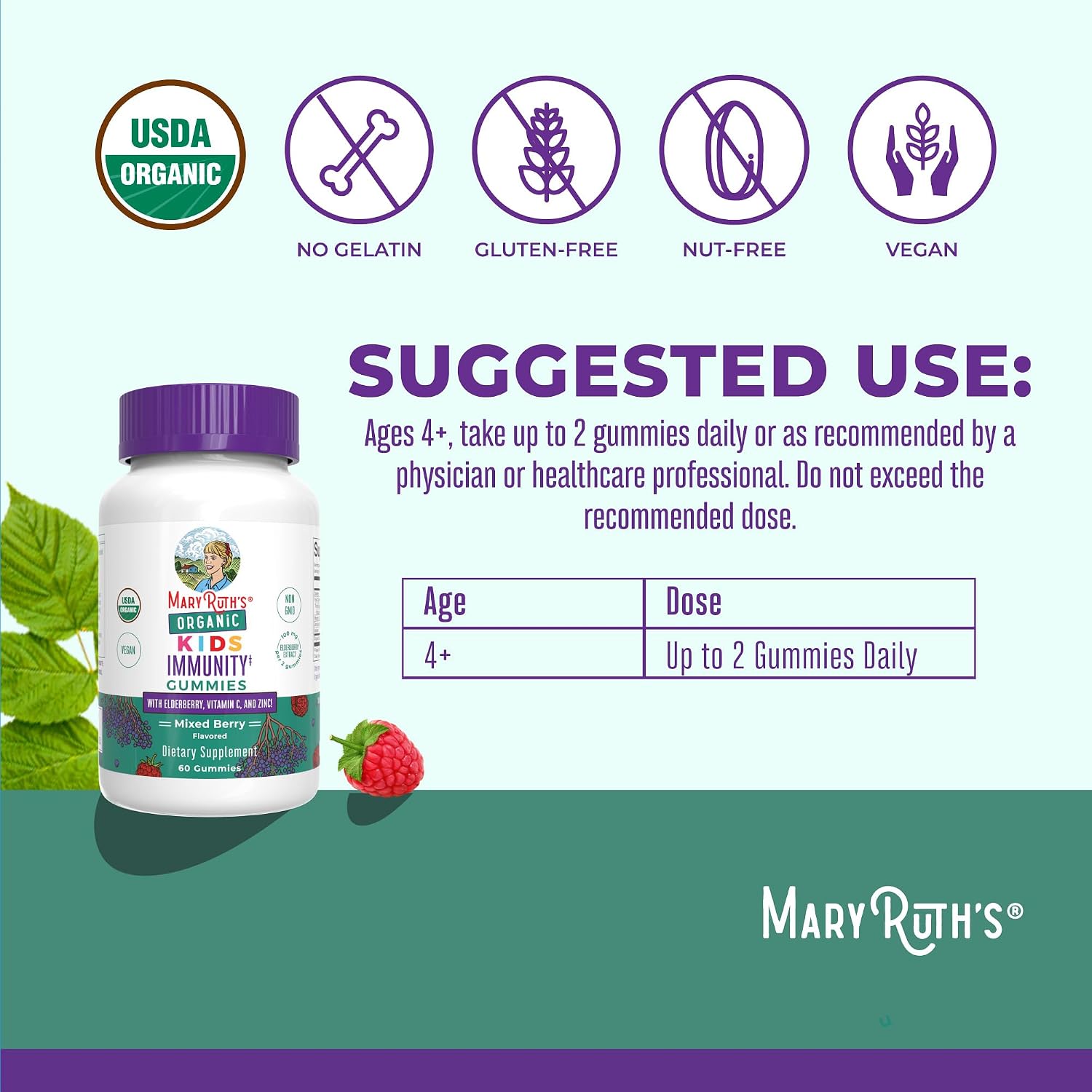 MaryRuth's Organics Children's Immune Support Gummies - USDA Organic Vitamin C, Zinc & Elderberry - 60 Gummies - görsel 3