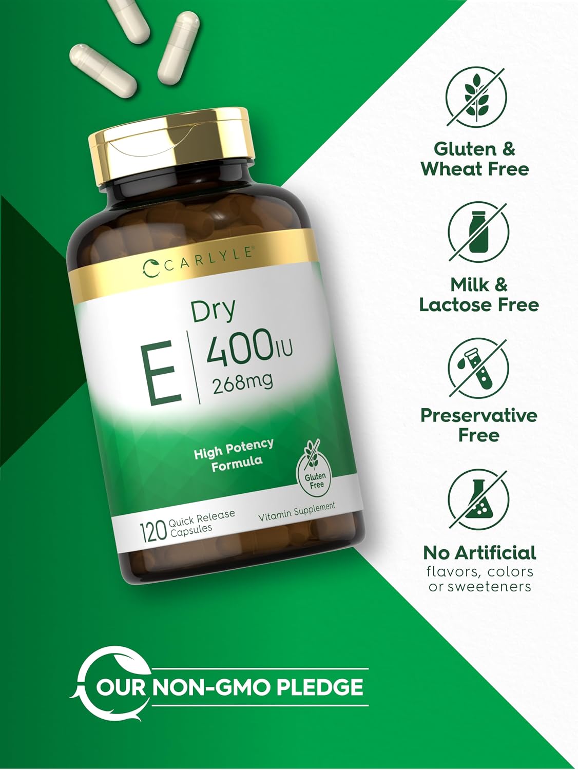 Carlyle Dry Vitamin E 400 IU, 120 Capsules – Natural D-Alpha Tocopheryl, Non-GMO, Gluten-free - görsel 5