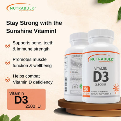 Vitamin D3 2500 IU Softgels - High-Potency Daily Supplement - Non-GMO, Gluten-Free - 250 Softgels