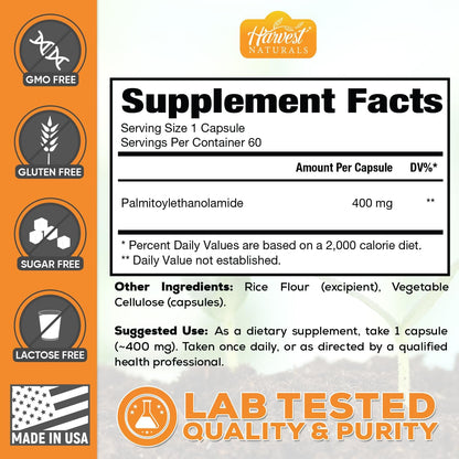 Harvest Naturals Palmitoylethanolamide (PEA) 400mg Capsules - 60 Capsules