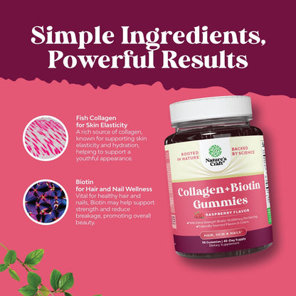 Hair, Skin & Nails Gummies for Women - Extra Strength Biotin & Collagen - Non-GMO Kosher Marine Collagen 10000mcg per serving - 90 Count