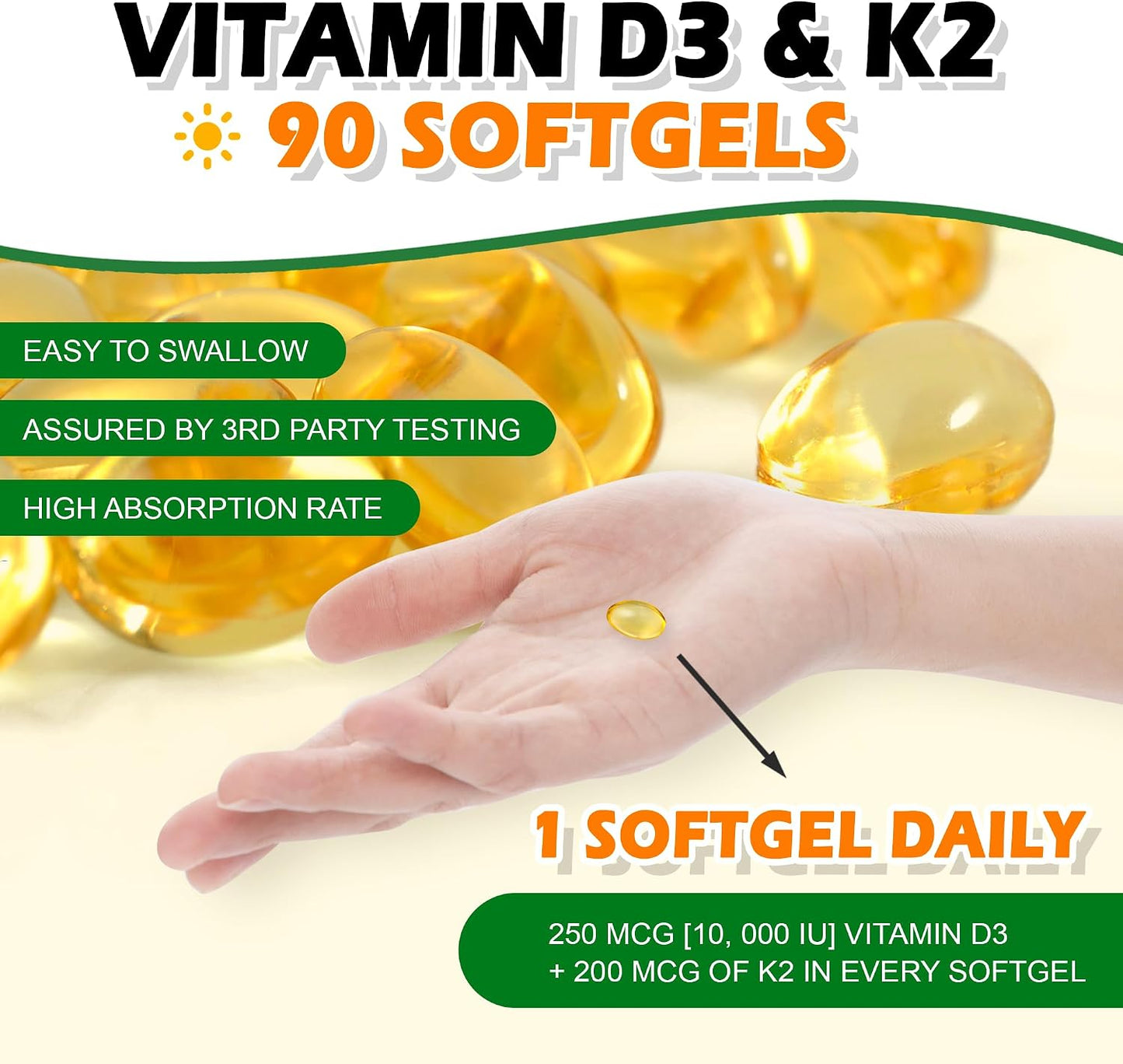 Vitamin D3 K2 10000iu 3 Month Supply for Healthy Muscle Function, Bone Health and Immune Support, Gluten-free, 90 Soft gel capsules - görsel 6