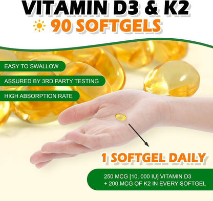 Vitamin D3 K2 10000iu 3 Month Supply for Healthy Muscle Function, Bone Health and Immune Support, Gluten-free, 90 Soft gel capsules