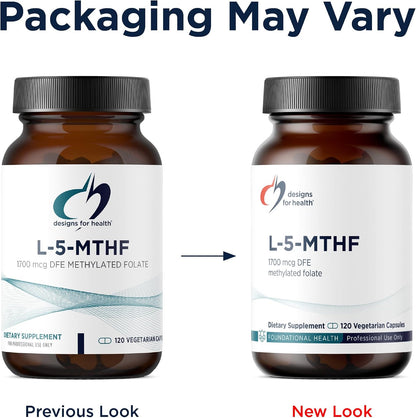 Designs for Health L-5-MTHF - Quatrefolic L-Methylfolate Supplement 1mg (1700mcg DFE) - Methylated Folate for Women and Men - Supports Methylation - Non-GM, Gluten-free (120 Capsules)