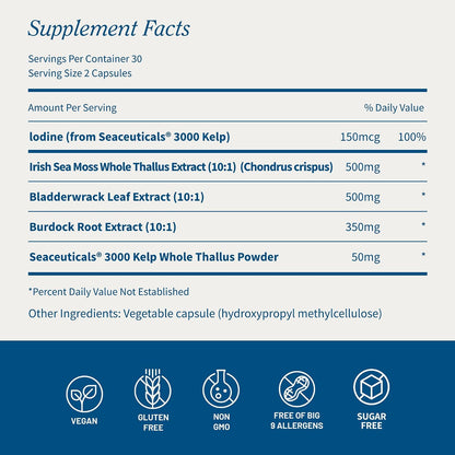 Snap Supplements Irish Sea Moss with Bladderwrack, Burdock Root & Iodine – Natural Sea Moss Supplement for Gut Health, Energy & Healthy-Looking Skin, 60 Vegan Capsules