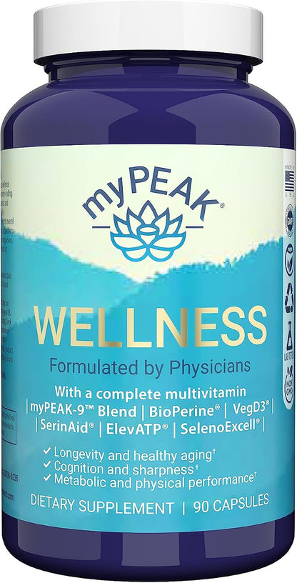 myPEAK Wellness Vegan Multivitamin - Award-Winning All-in-One with ElevATP, Astaxanthin, Resveratrol, and Alpha GPC for Men and Women, 90 Capsules