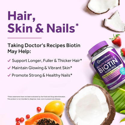 Doctor's Recipes Biotin 10,000 mcg for Hair, Skin and Nails with Coconut Oil - 90 Vegetarian Soft gel capsules