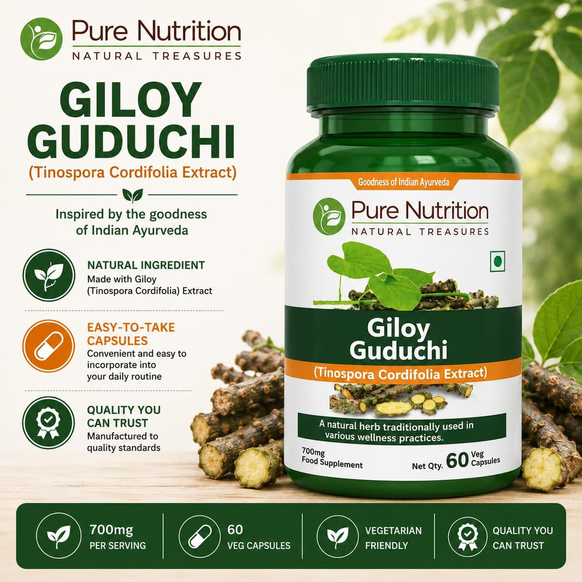 Pure Nutrition Giloy Guduchi Extract 700mg Capsule – 60-Day Supply - görsel 2
