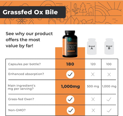 Eleva Nutrition Grass-Fed Ox Bile 1000mg – Digestive Support Supplement (180 Capsules)